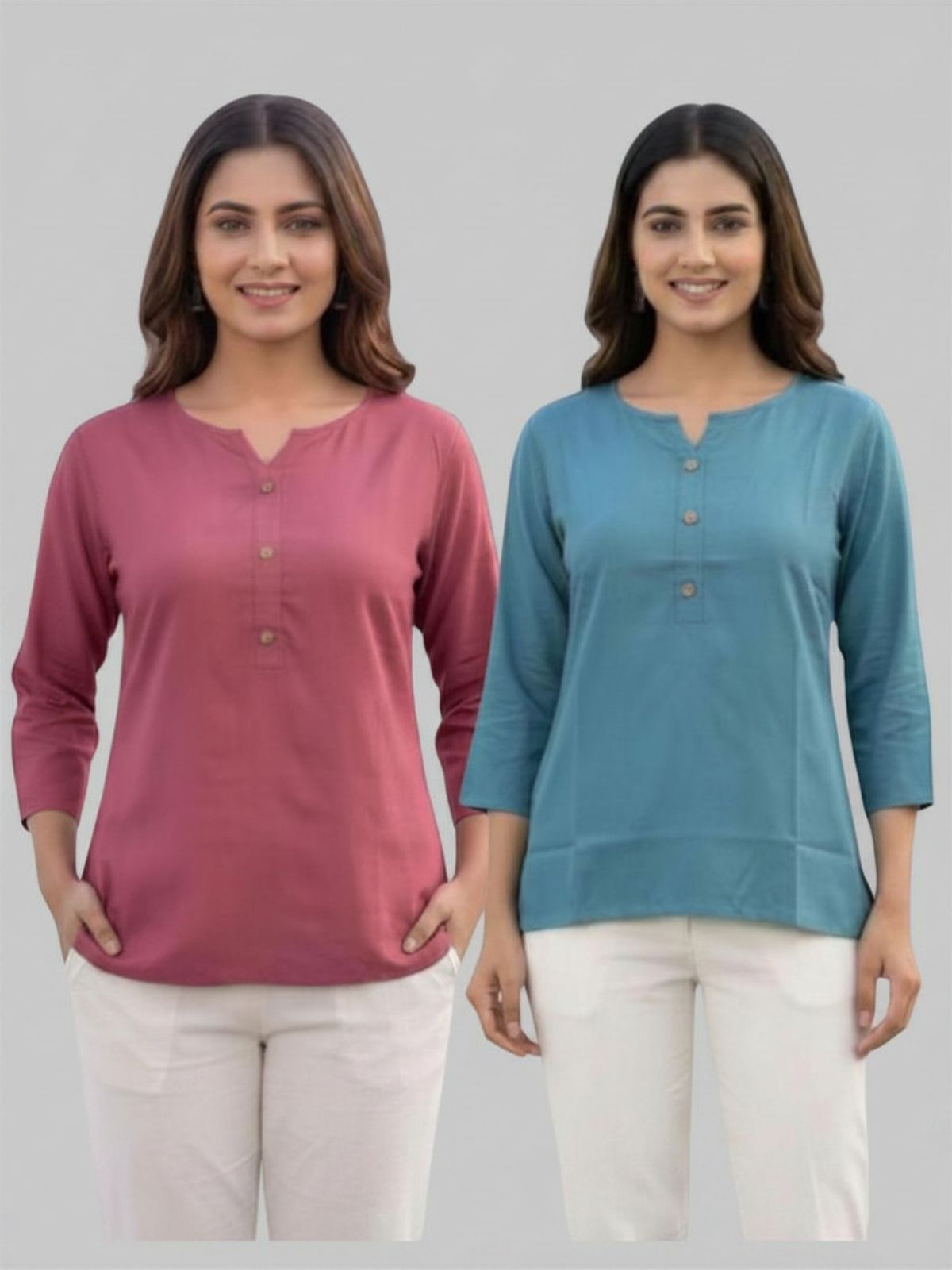 Women Peach & Light Grey Rayon Short Kurti