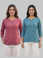 Women Peach & Light Grey Rayon Short Kurti