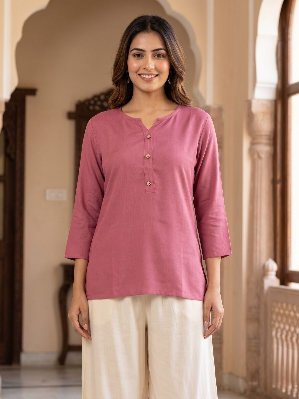 Women Peach Rayon Short Kurti
