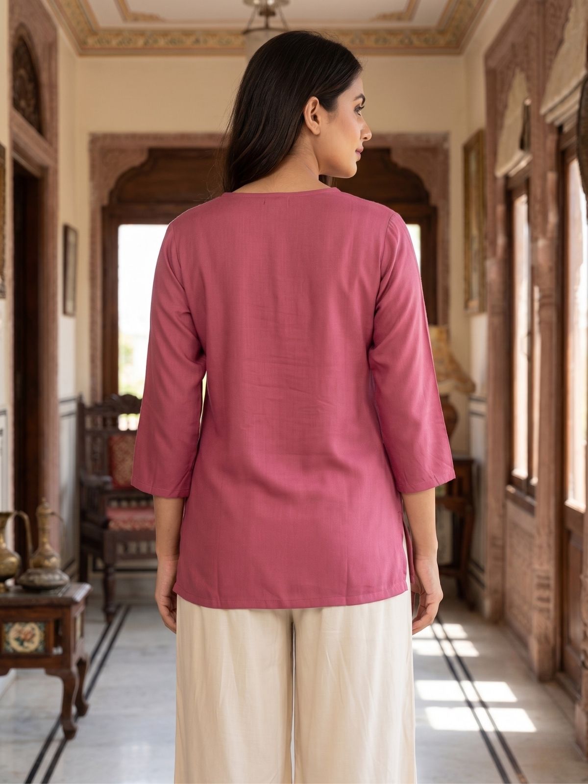 Women Peach Rayon Short Kurti