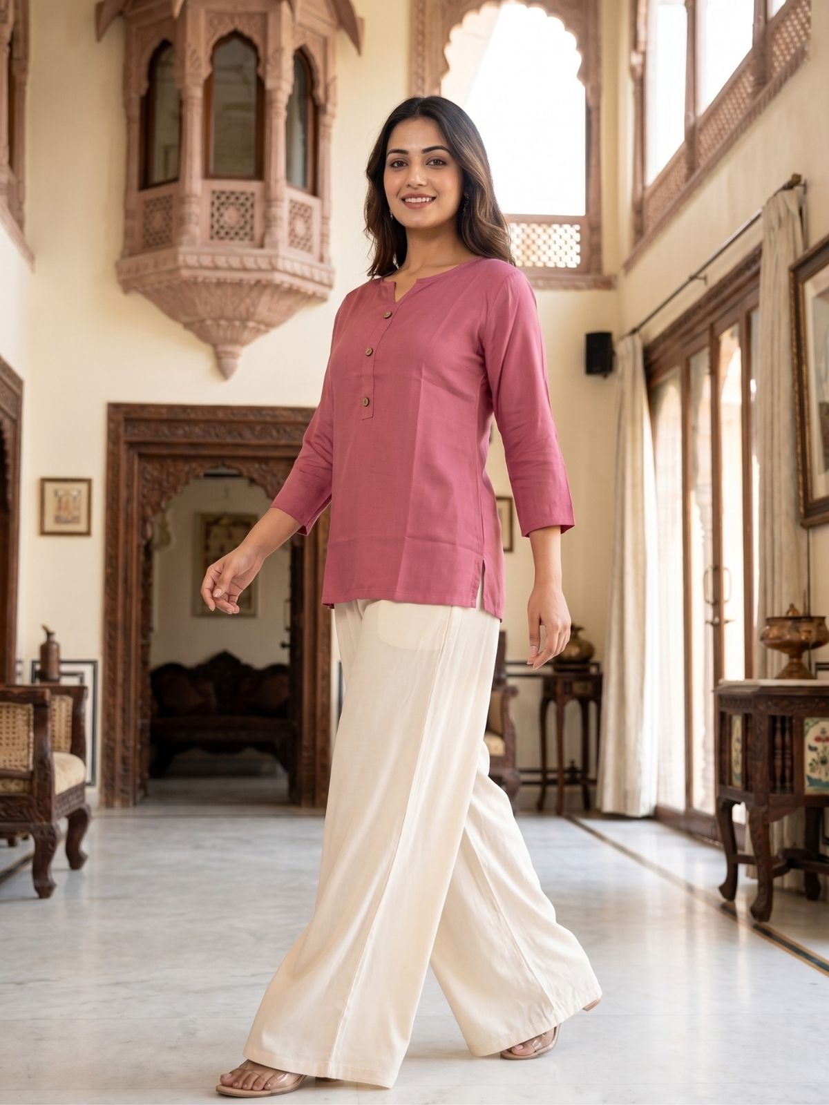 Women Peach Rayon Short Kurti