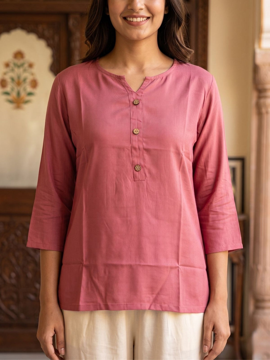 Women Peach Rayon Short Kurti
