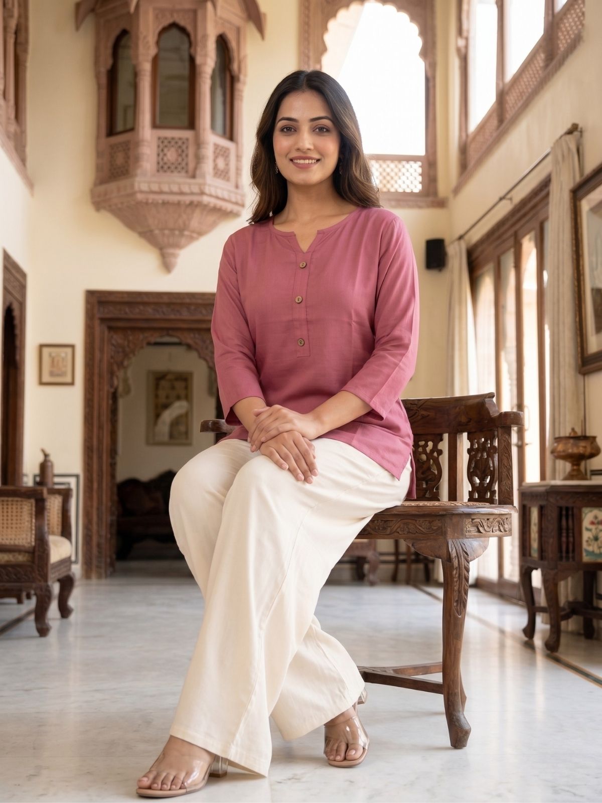 Women Peach Rayon Short Kurti