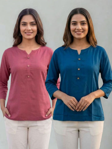 Women Peach & TealBlue Rayon Short Kurti