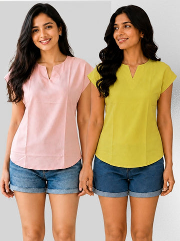 Peach & Yellow Cotton Blends Tops Combo