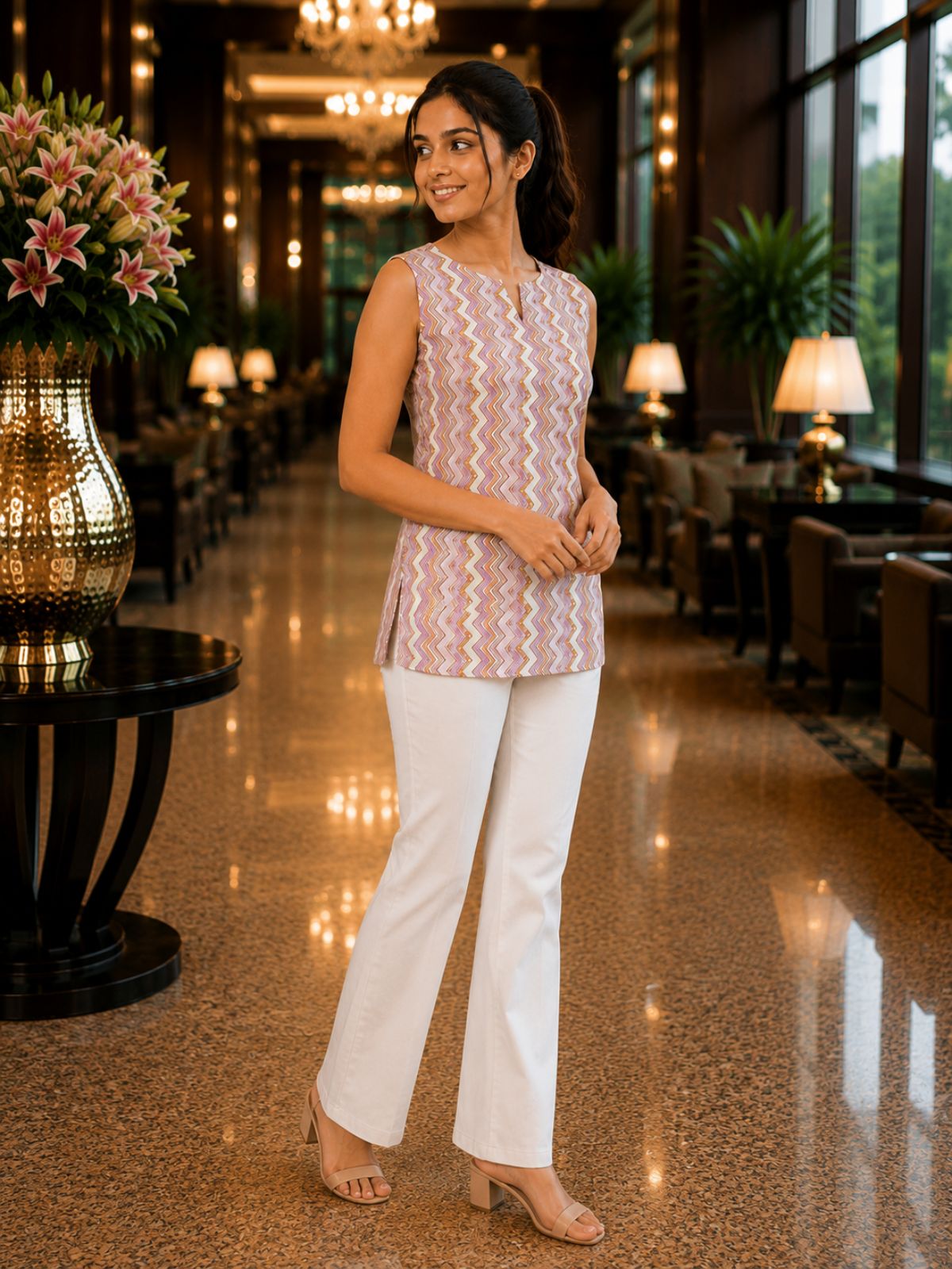 Peach Printed Sleeveless Top