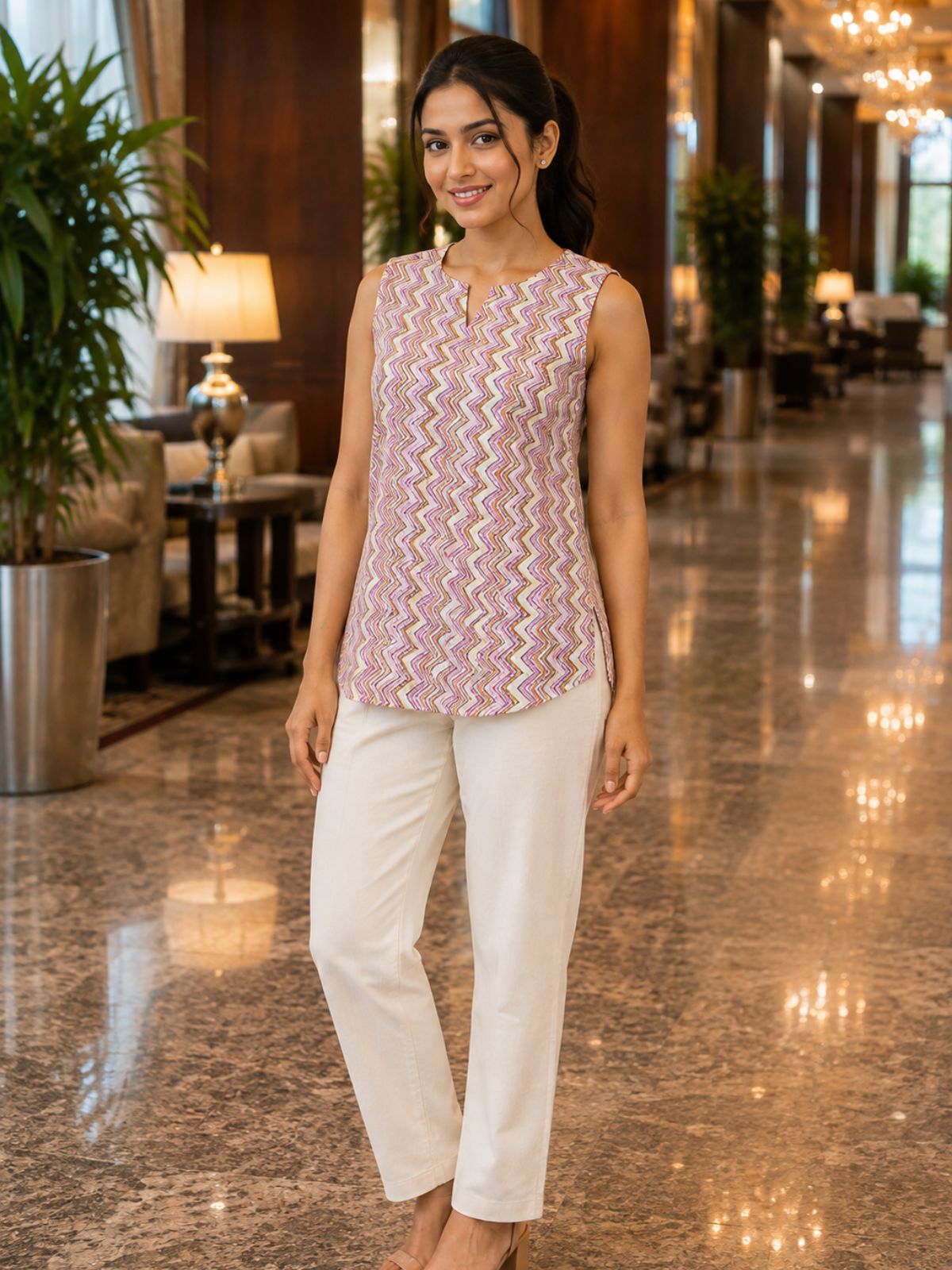 Peach Printed Sleeveless Top