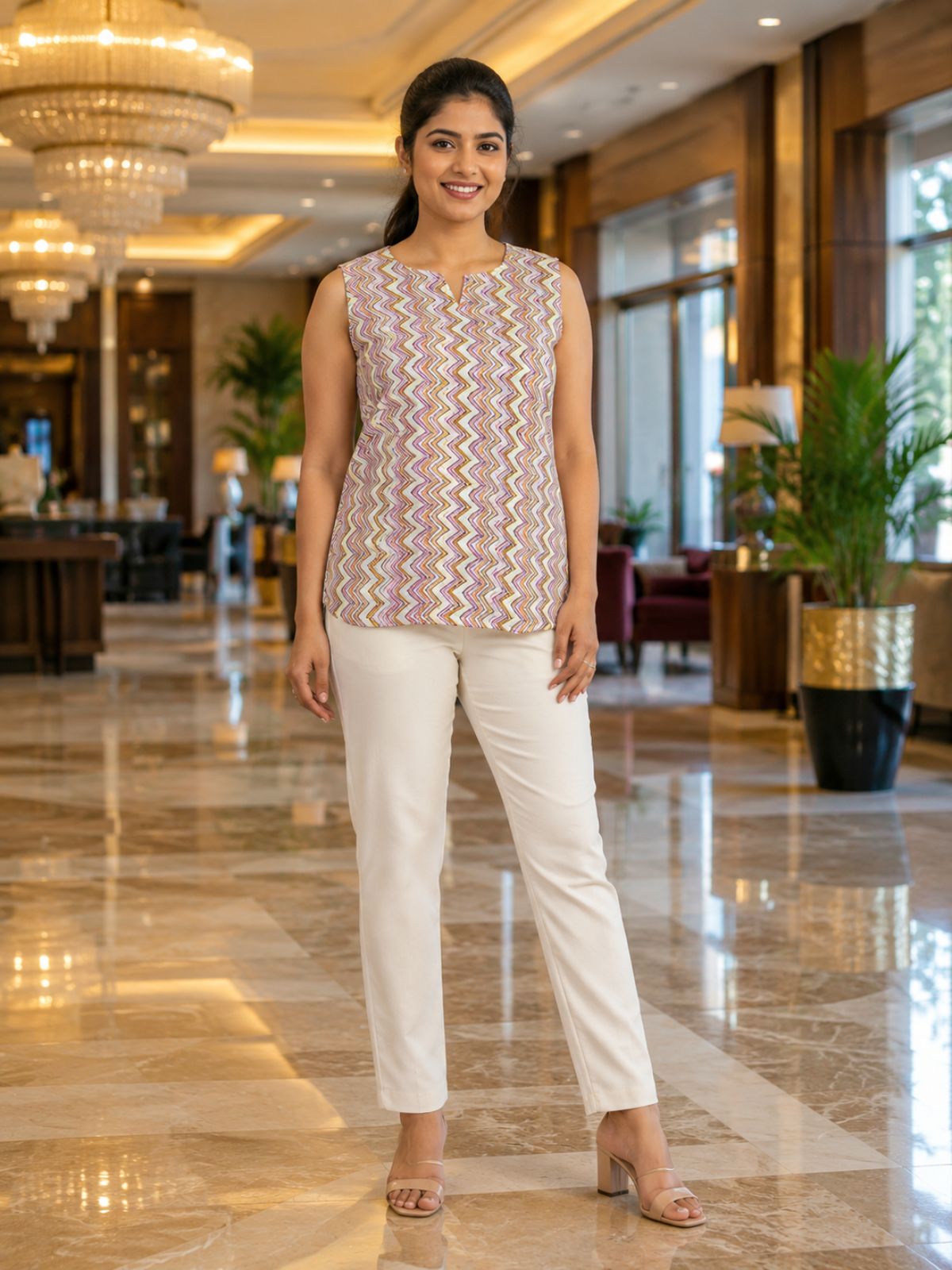 Peach Printed Sleeveless Top