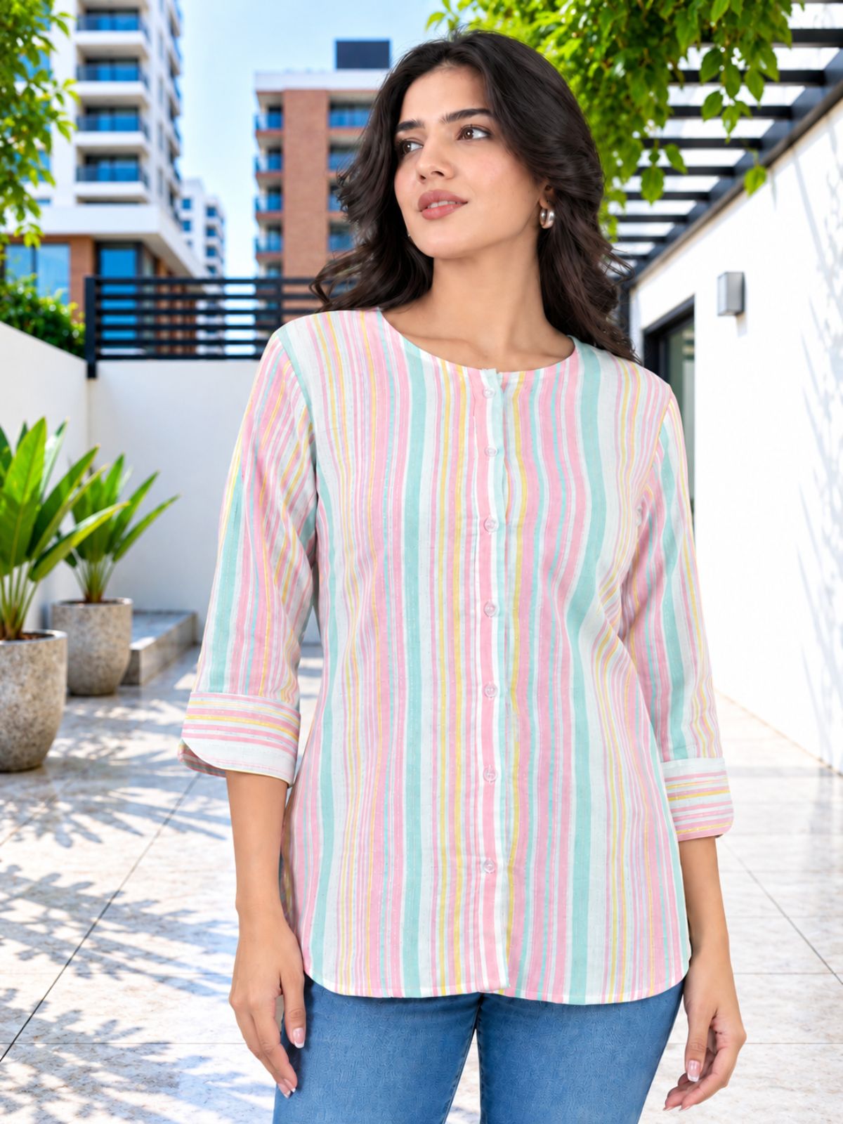 Pink Rainbow Stripe Cotton Shirts