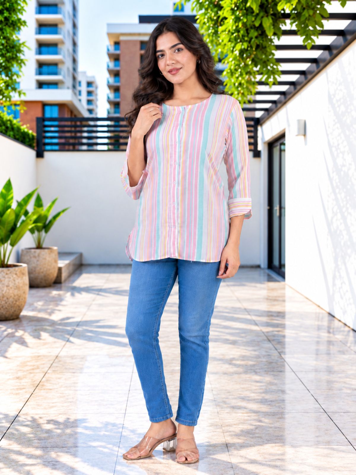Pink Rainbow Stripe Cotton Shirts