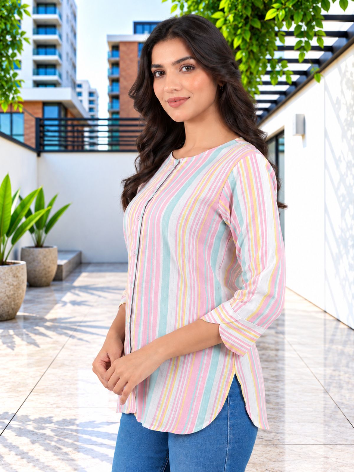 Pink Rainbow Stripe Cotton Shirts