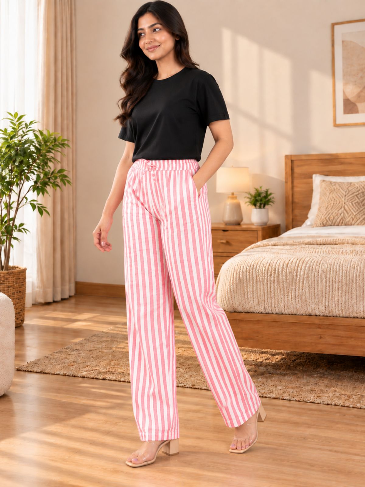 Pink Cotton Stripe Payjama Pants