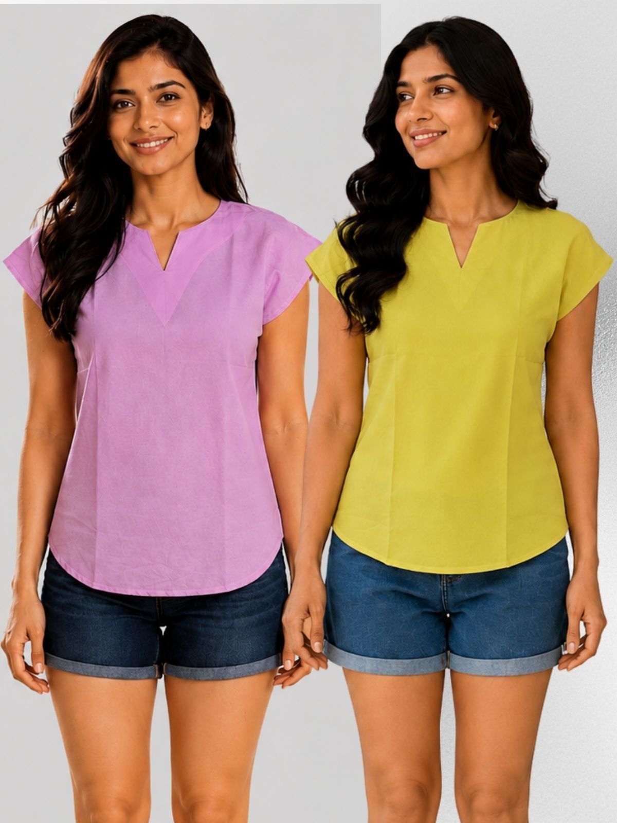 Pink & Yellow Cotton Blends Tops Combo