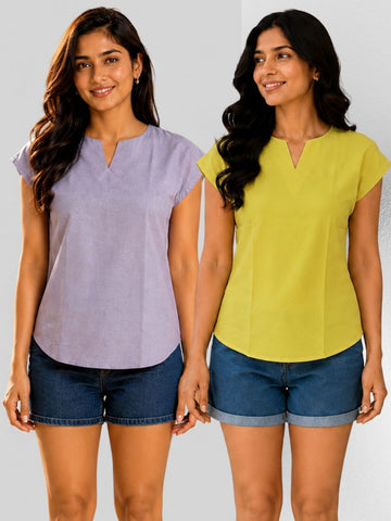 Purple & Yellow Cotton Blends Tops Combo