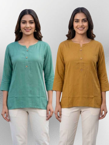 Women SeaGreen & Camel Rayon Short Kurti