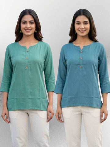Women SeaGreen & Light Grey Rayon Short Kurti