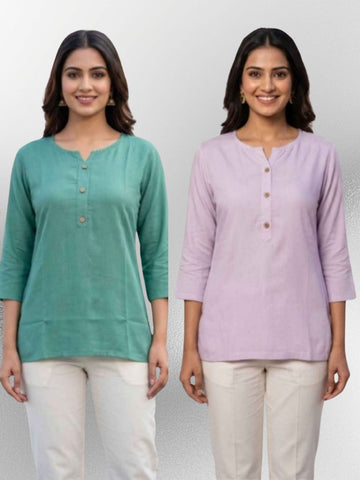 Women SeaGreen & Light Purple Rayon Short Kurti