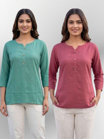 Women SeaGreen & Peach Rayon Short Kurti