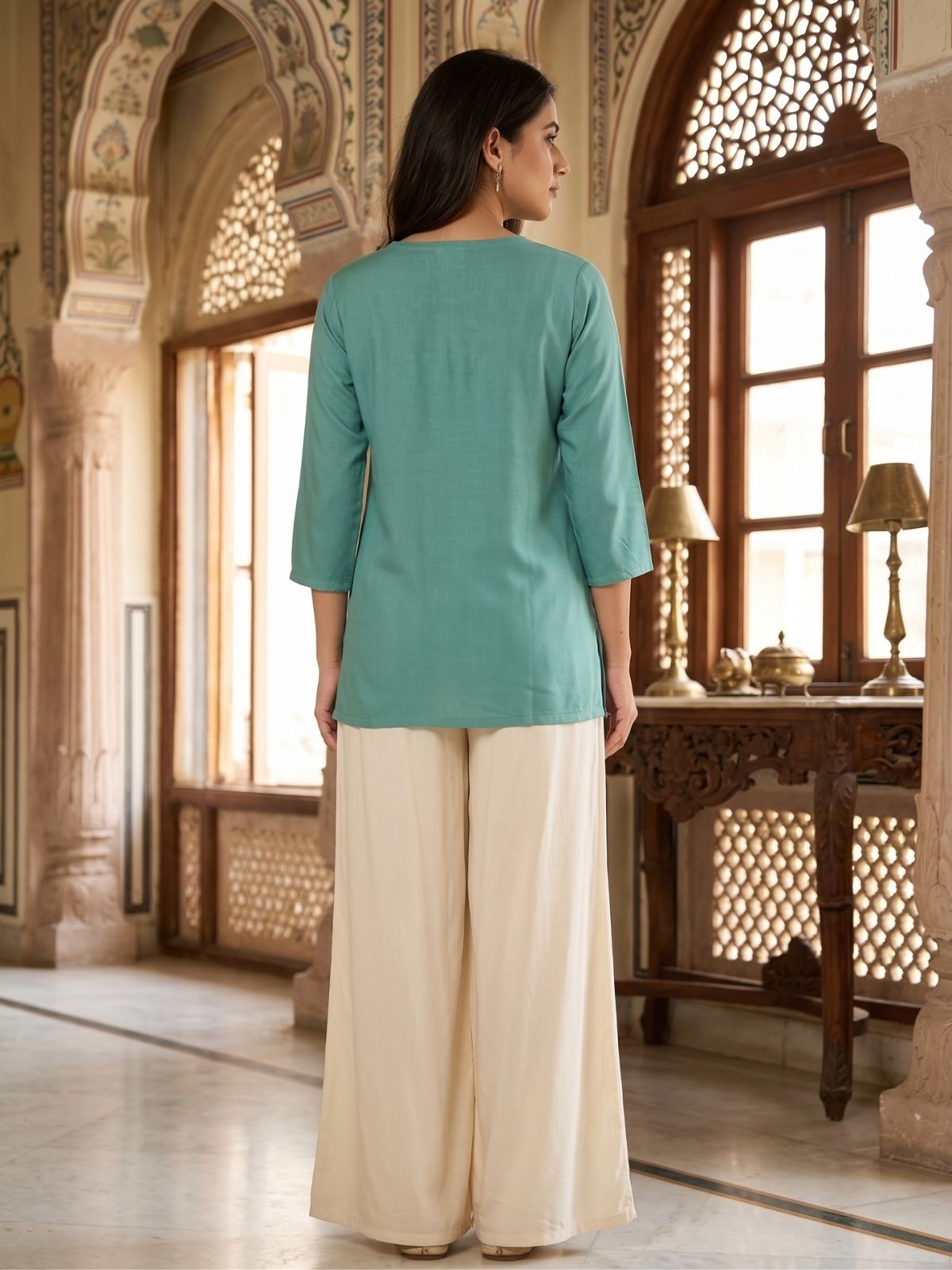 Women Sea Green Rayon Short Kurti