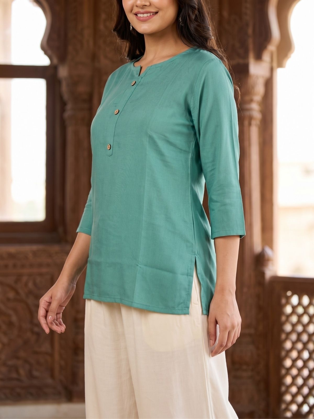 Women Sea Green Rayon Short Kurti