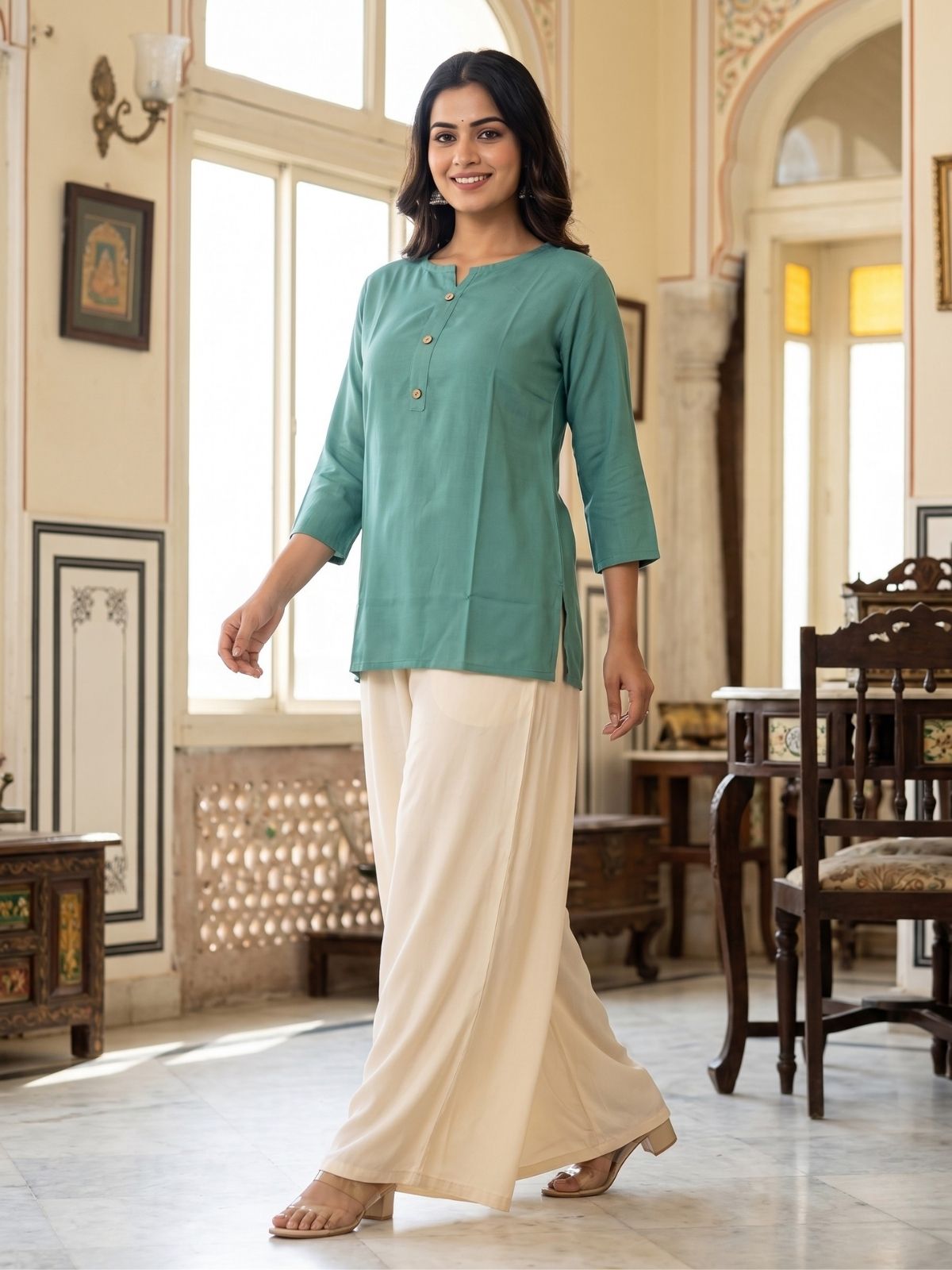Women Sea Green Rayon Short Kurti