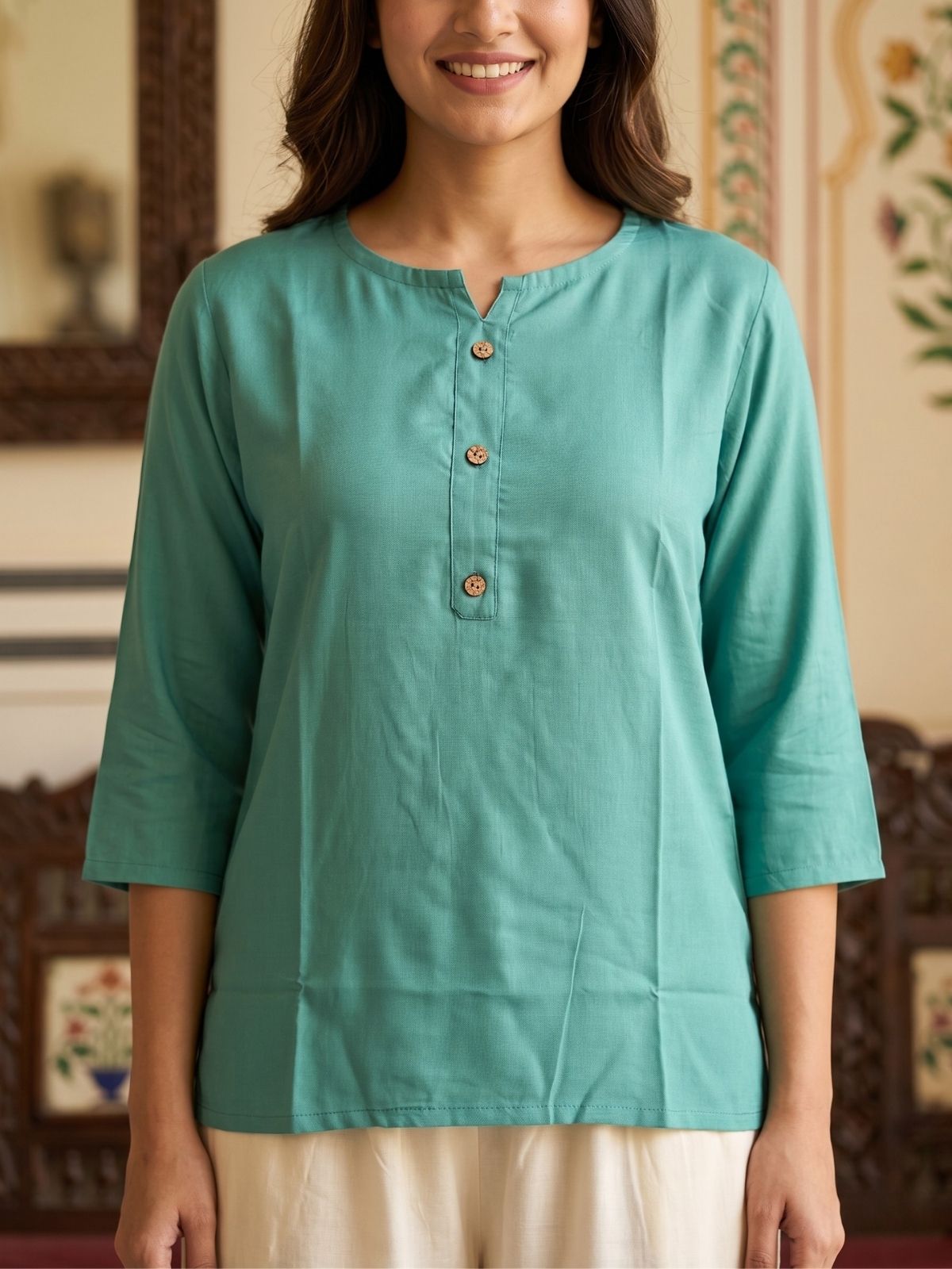Women Sea Green Rayon Short Kurti