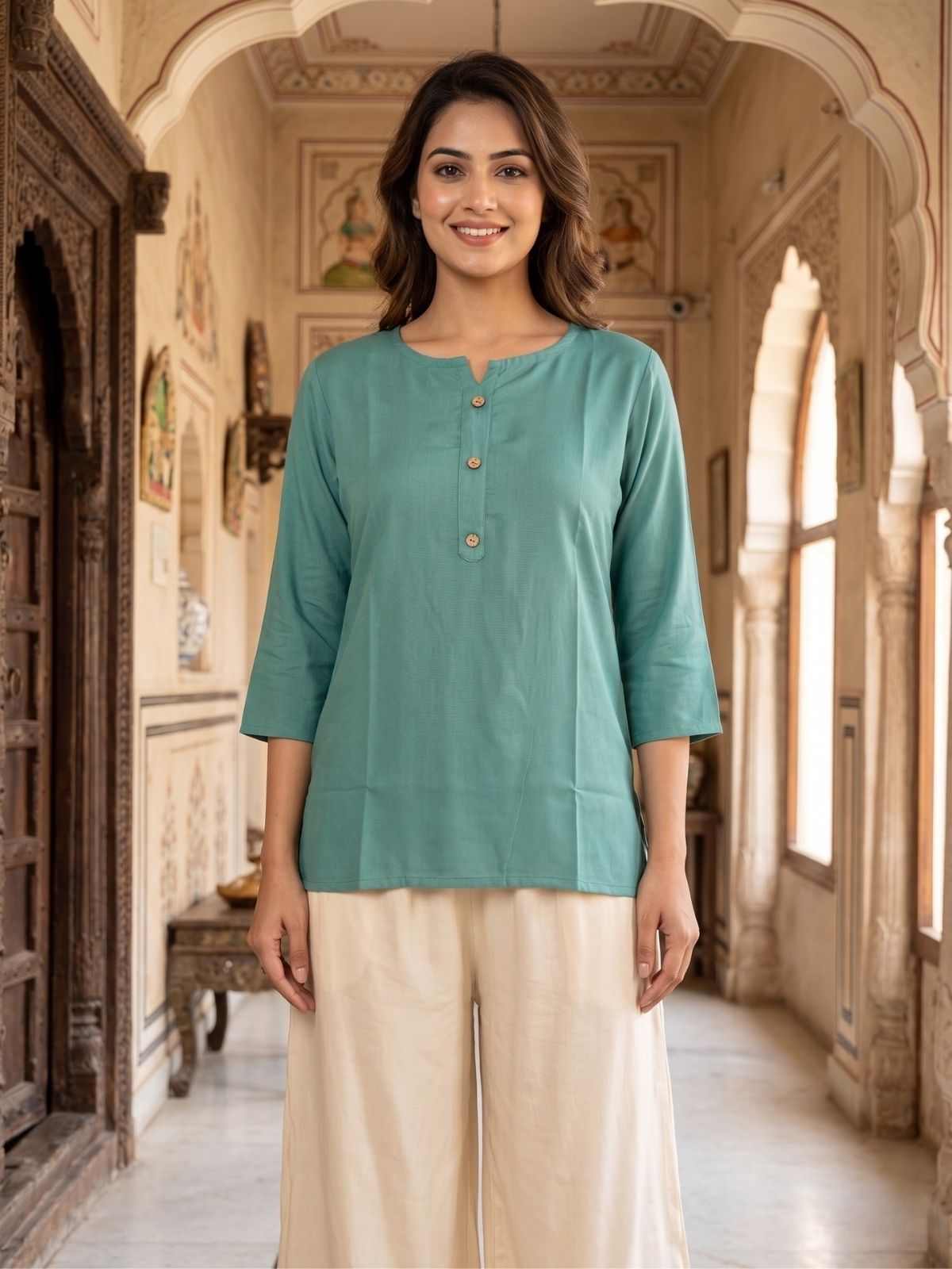 Women Sea Green Rayon Short Kurti