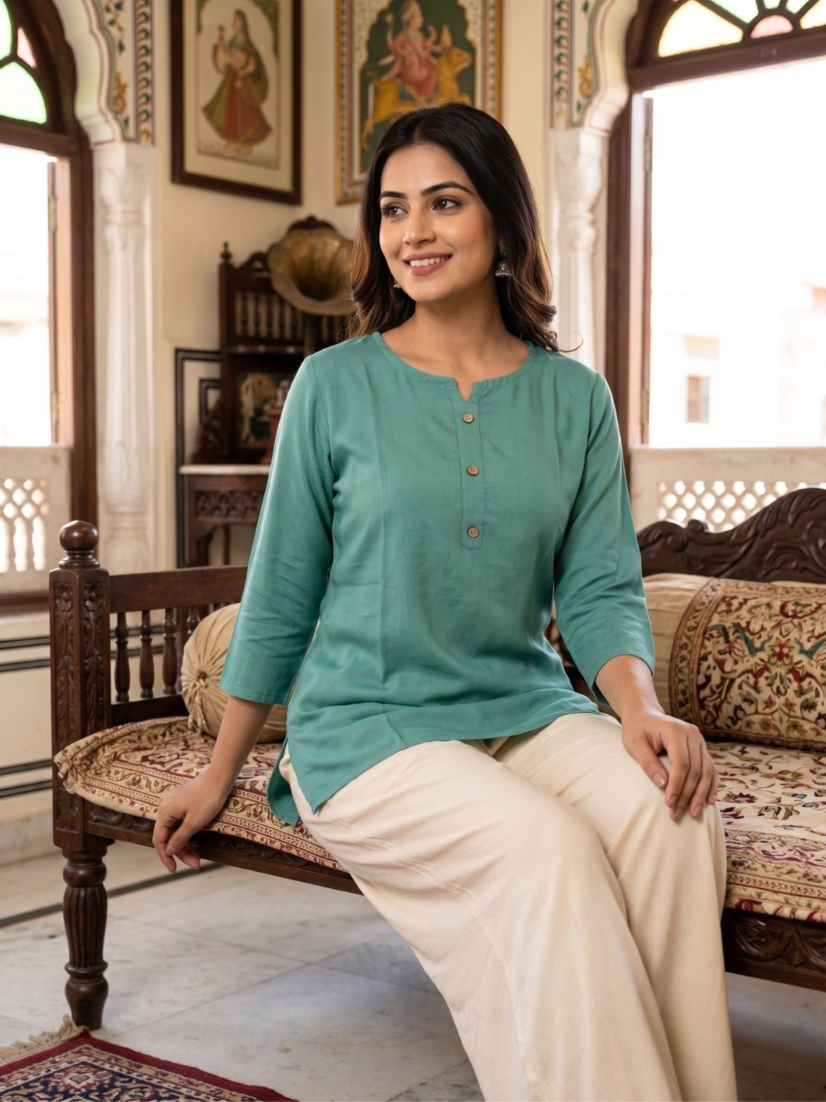 Women Sea Green Rayon Short Kurti