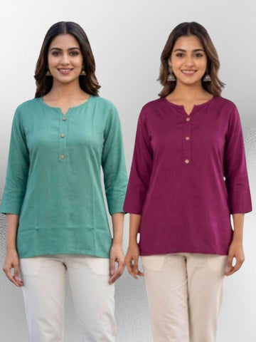 Women SeaGreen & Wine Rayon Short Kurti