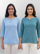 Women SkyBlue & Light Grey Rayon Short Kurti