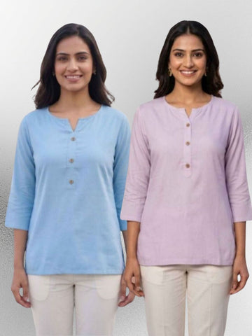 Women SkyBlue & Light Purple Rayon Short Kurti
