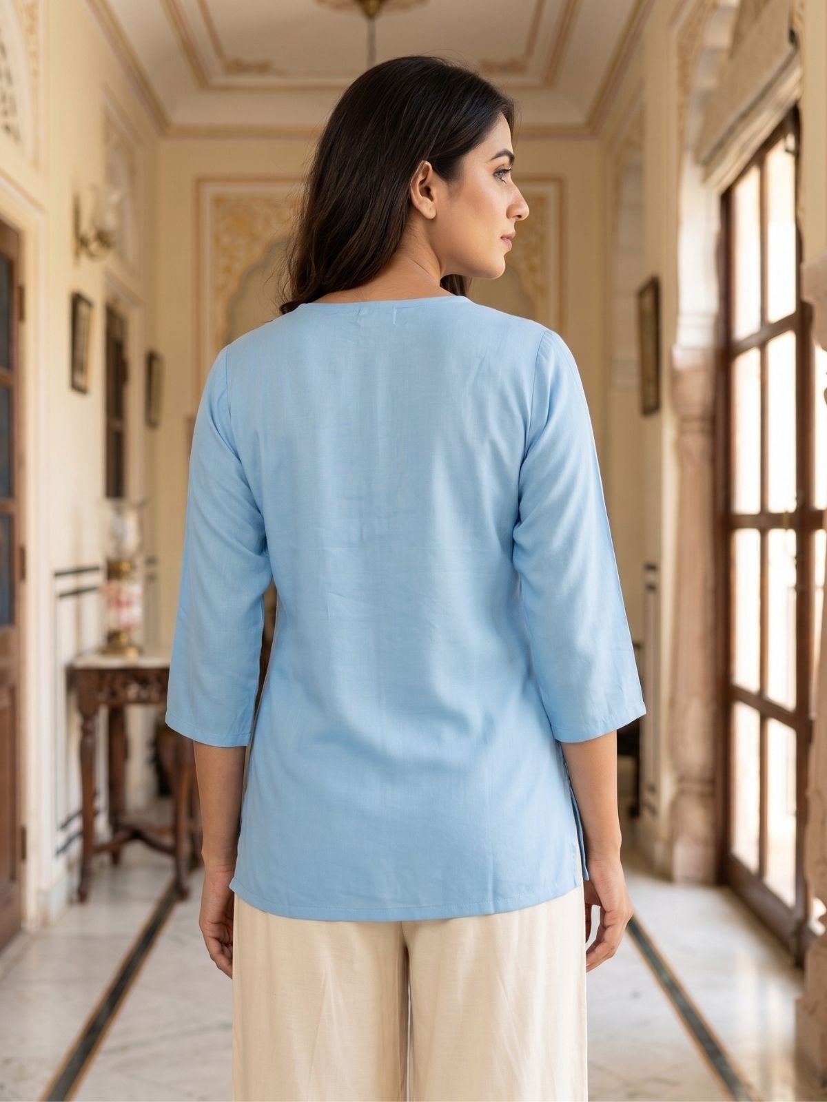 Women SkyBlue Rayon Short Kurti