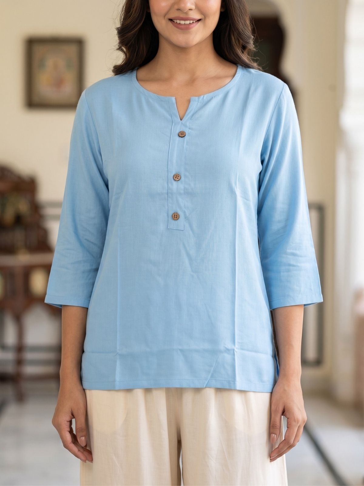 Women SkyBlue Rayon Short Kurti