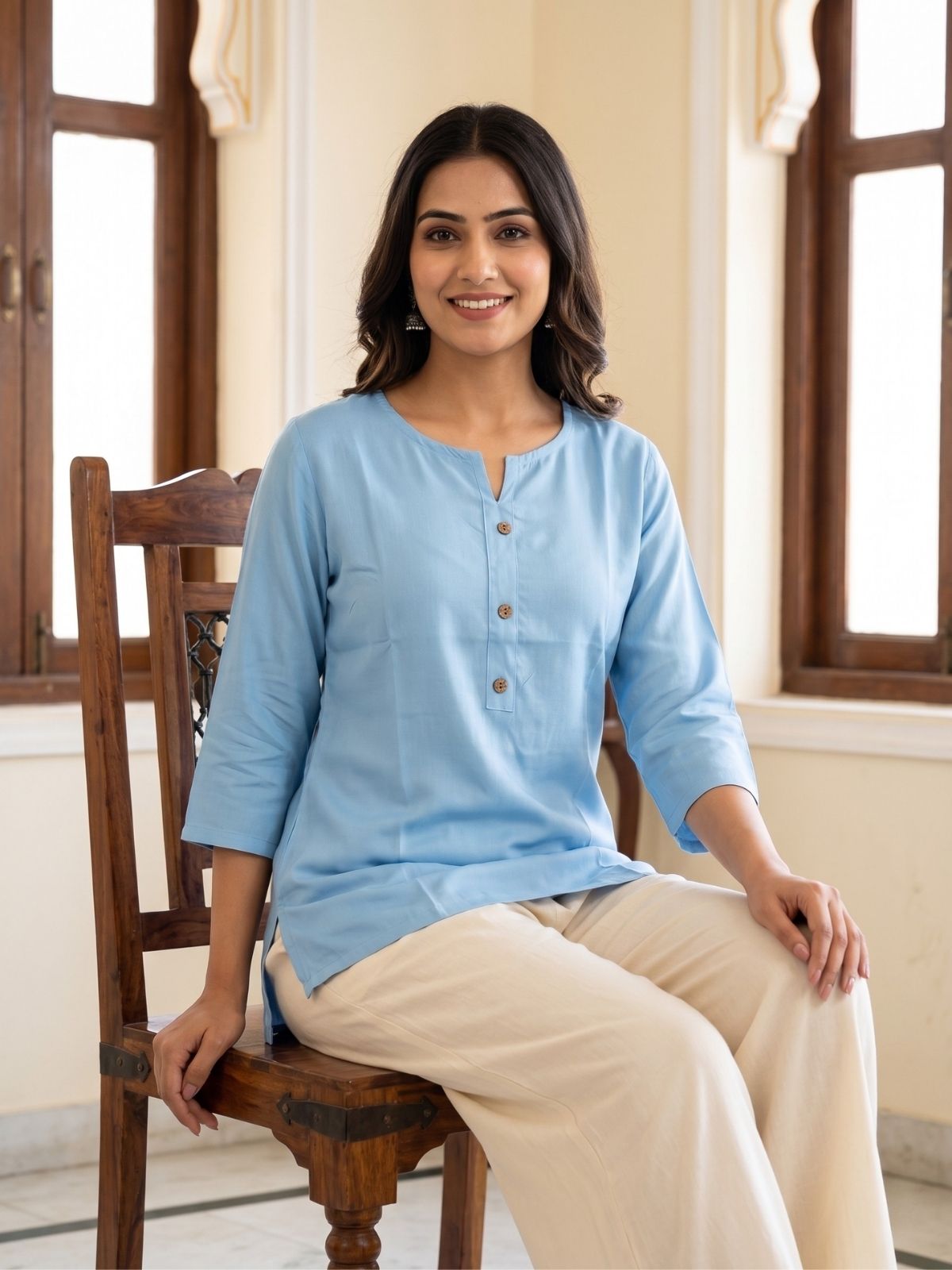 Women SkyBlue Rayon Short Kurti
