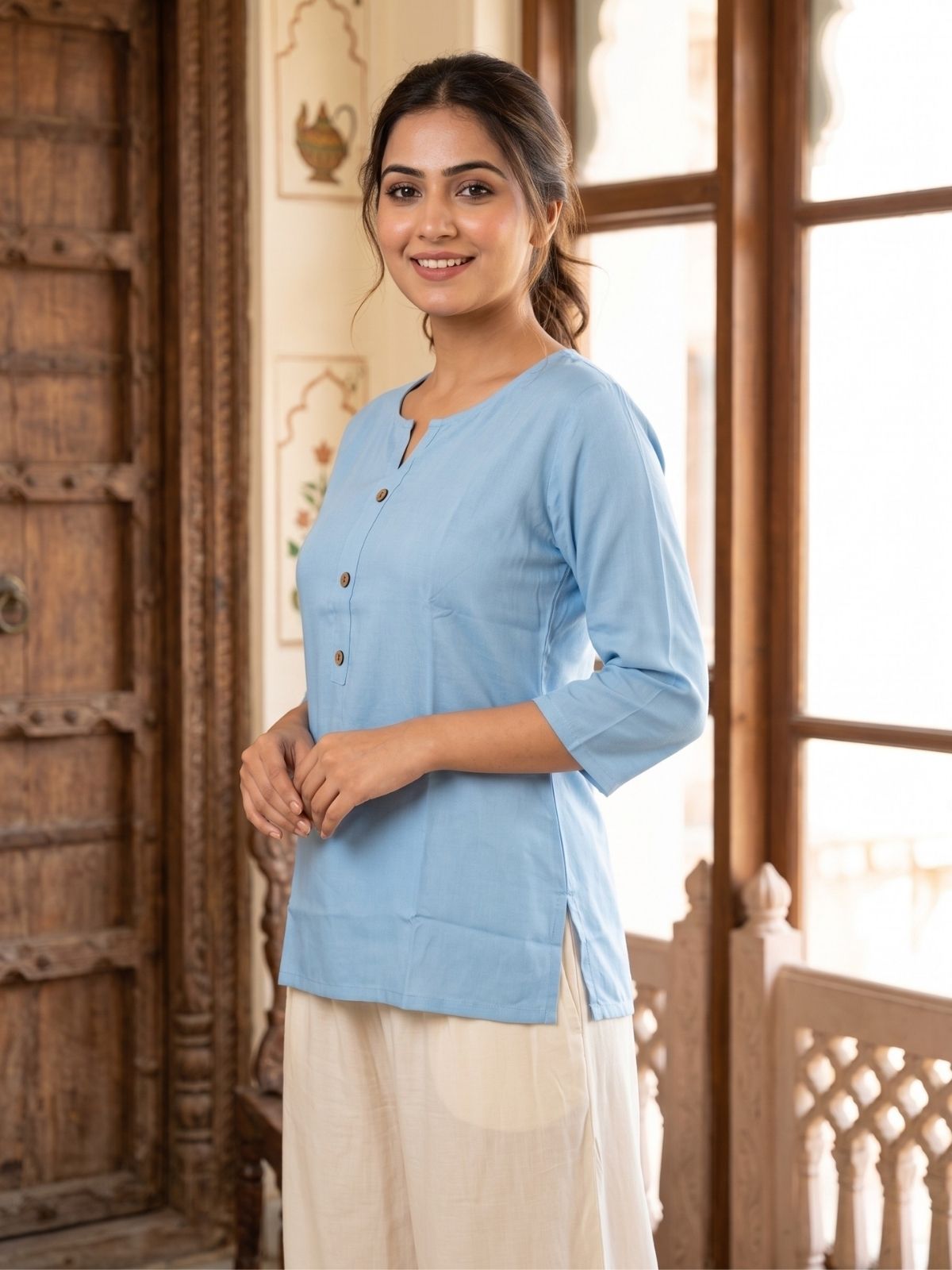 Women SkyBlue Rayon Short Kurti