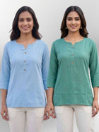 Women SkyBlue & SeaGreen Rayon Short Kurti