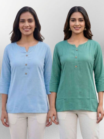 Women SkyBlue & SeaGreen Rayon Short Kurti