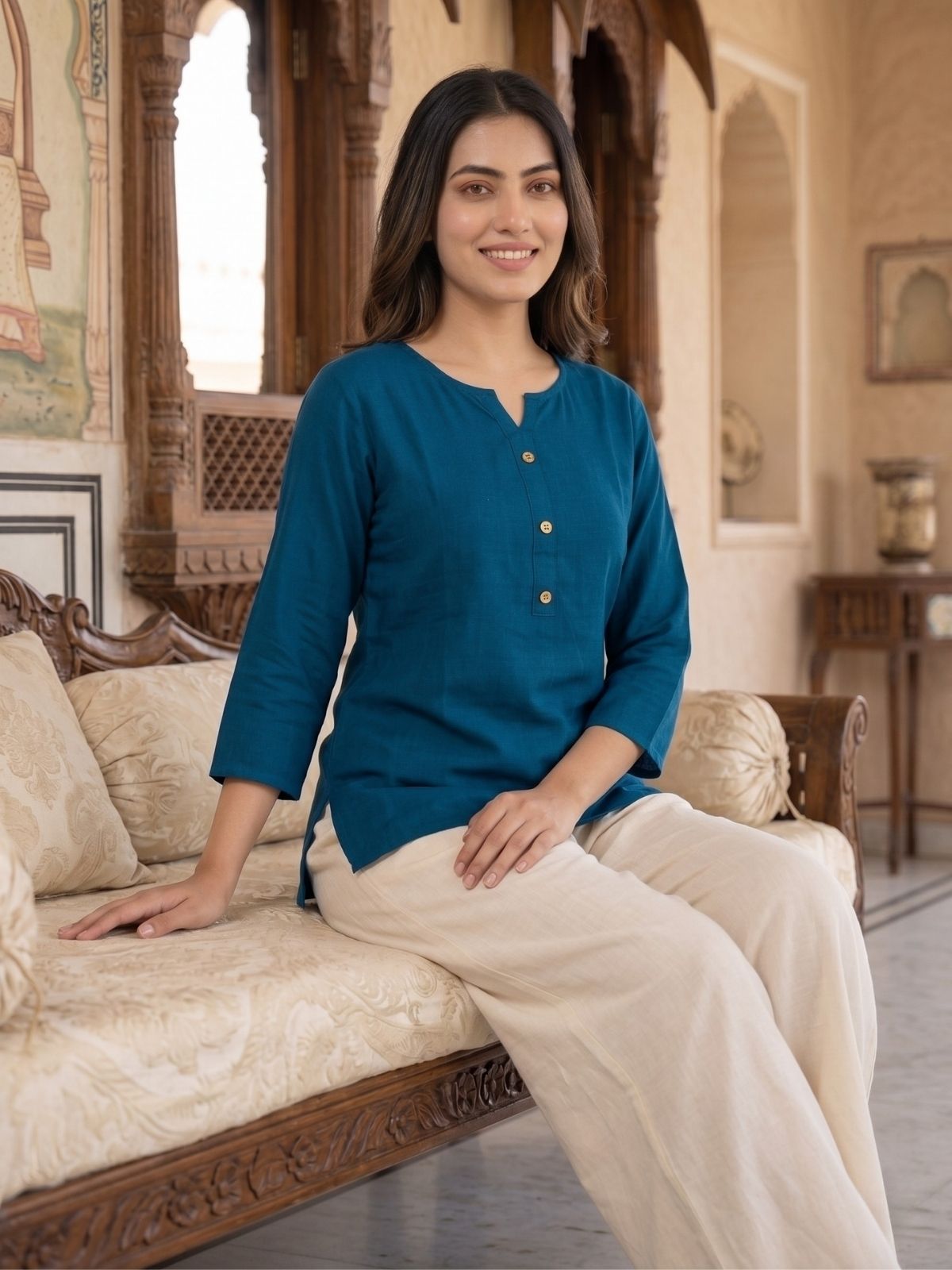 Women TealBlue Rayon Short Kurti