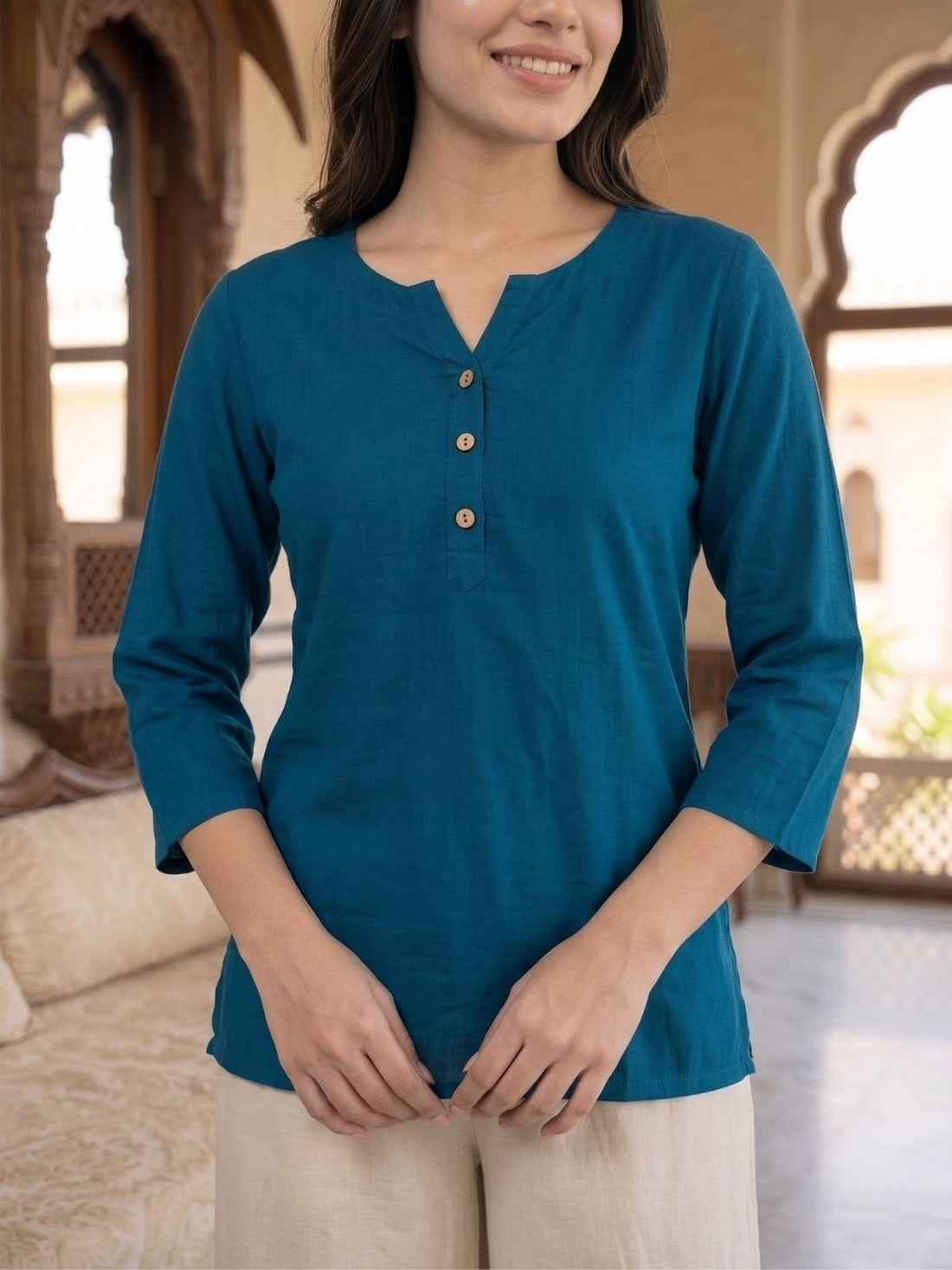 Women TealBlue Rayon Short Kurti