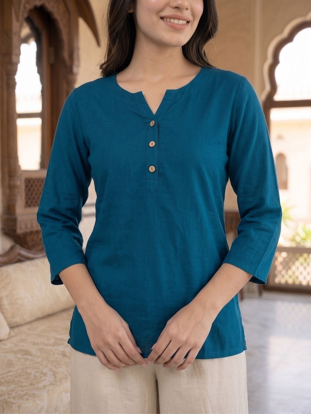 Women TealBlue Rayon Short Kurti