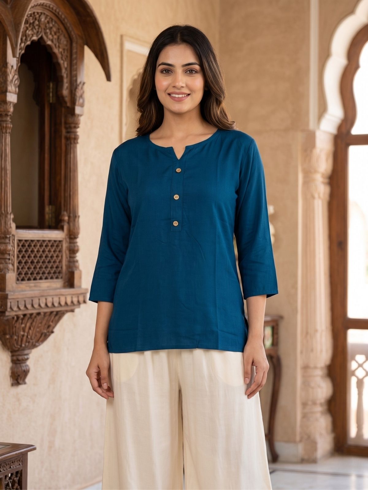 Women TealBlue Rayon Short Kurti