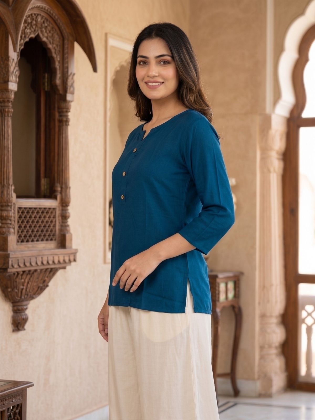 Women TealBlue Rayon Short Kurti