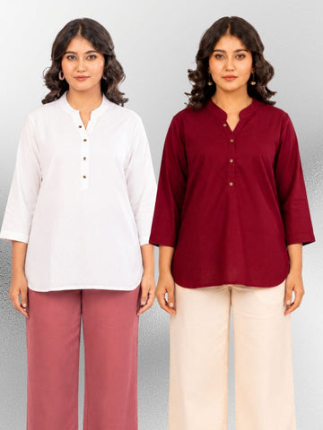 White & Wine Cotton Comfort Tops Combo