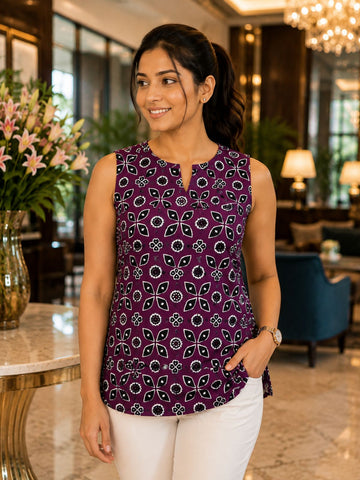 Wine Printed Sleeveless Top