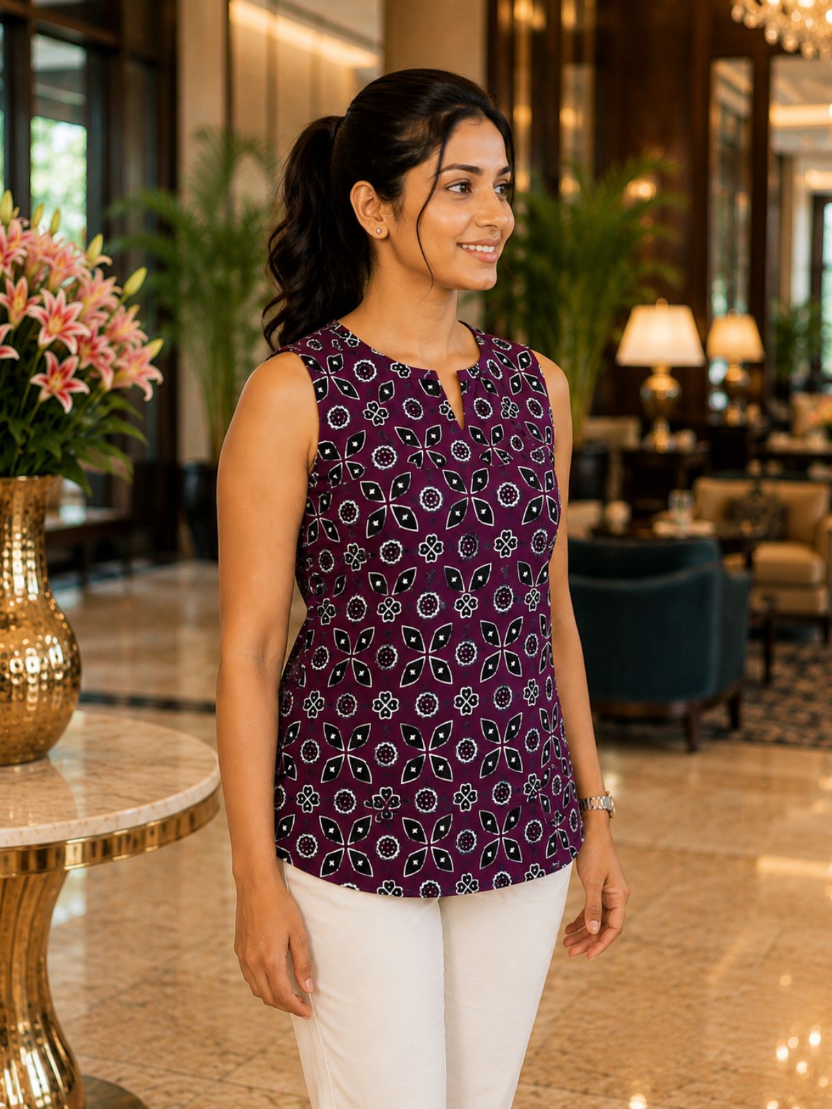 Wine Printed Sleeveless Top