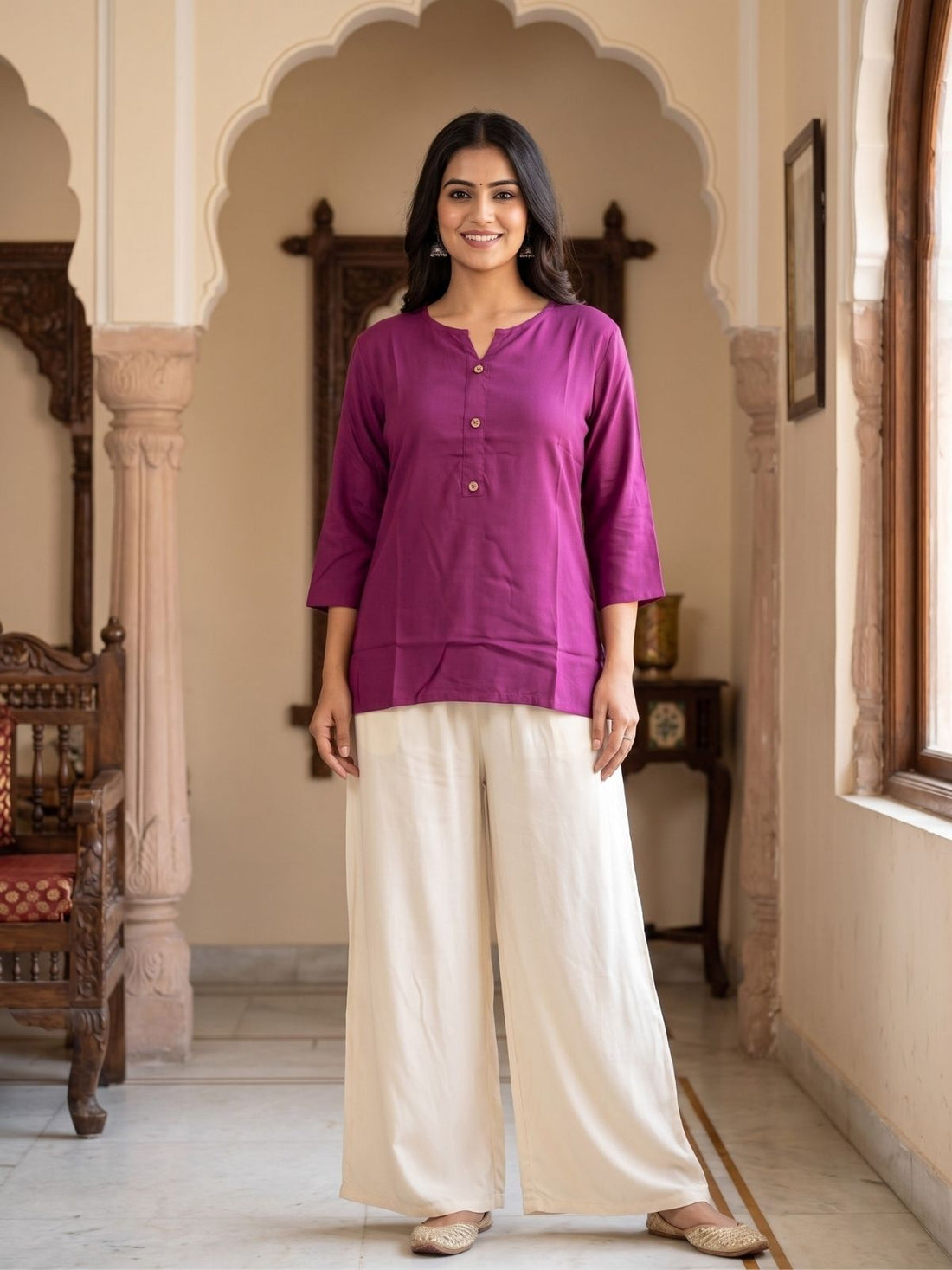 Women Wine Rayon Short Kurti