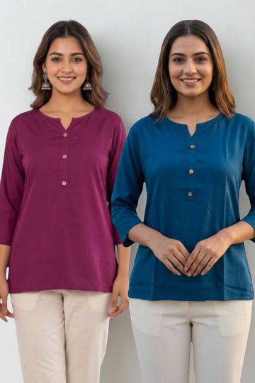 Women Wine & TealBlue Rayon Short Kurti