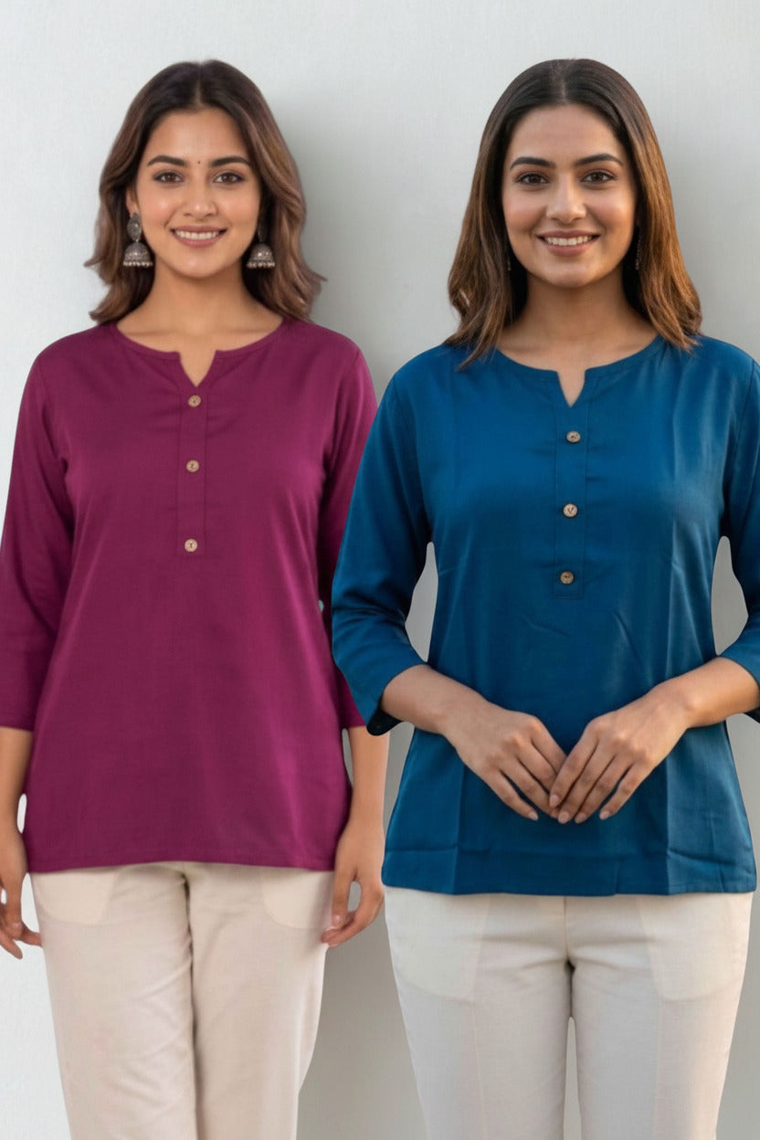 Women Wine & TealBlue Rayon Short Kurti