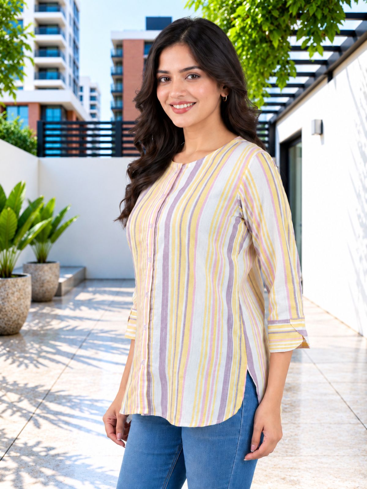 Yellow Rainbow Stripe Cotton Shirts