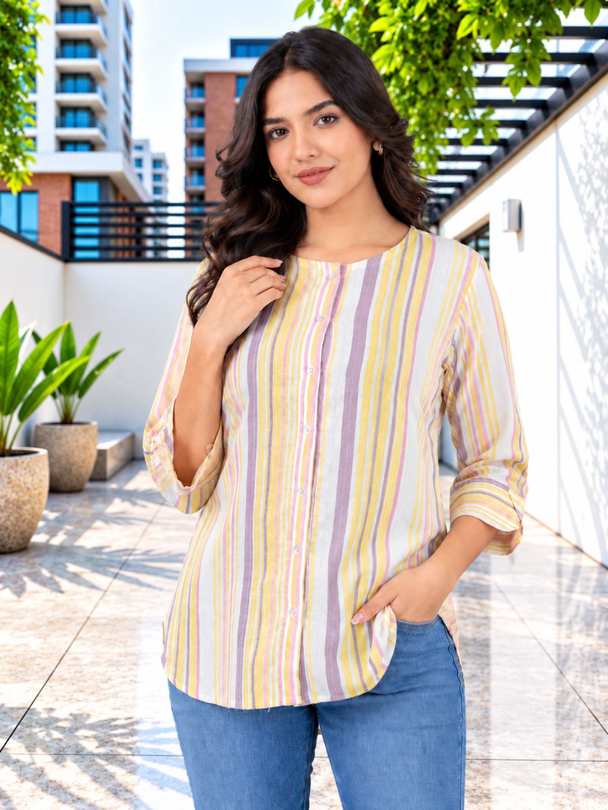 Yellow Rainbow Stripe Cotton Shirts